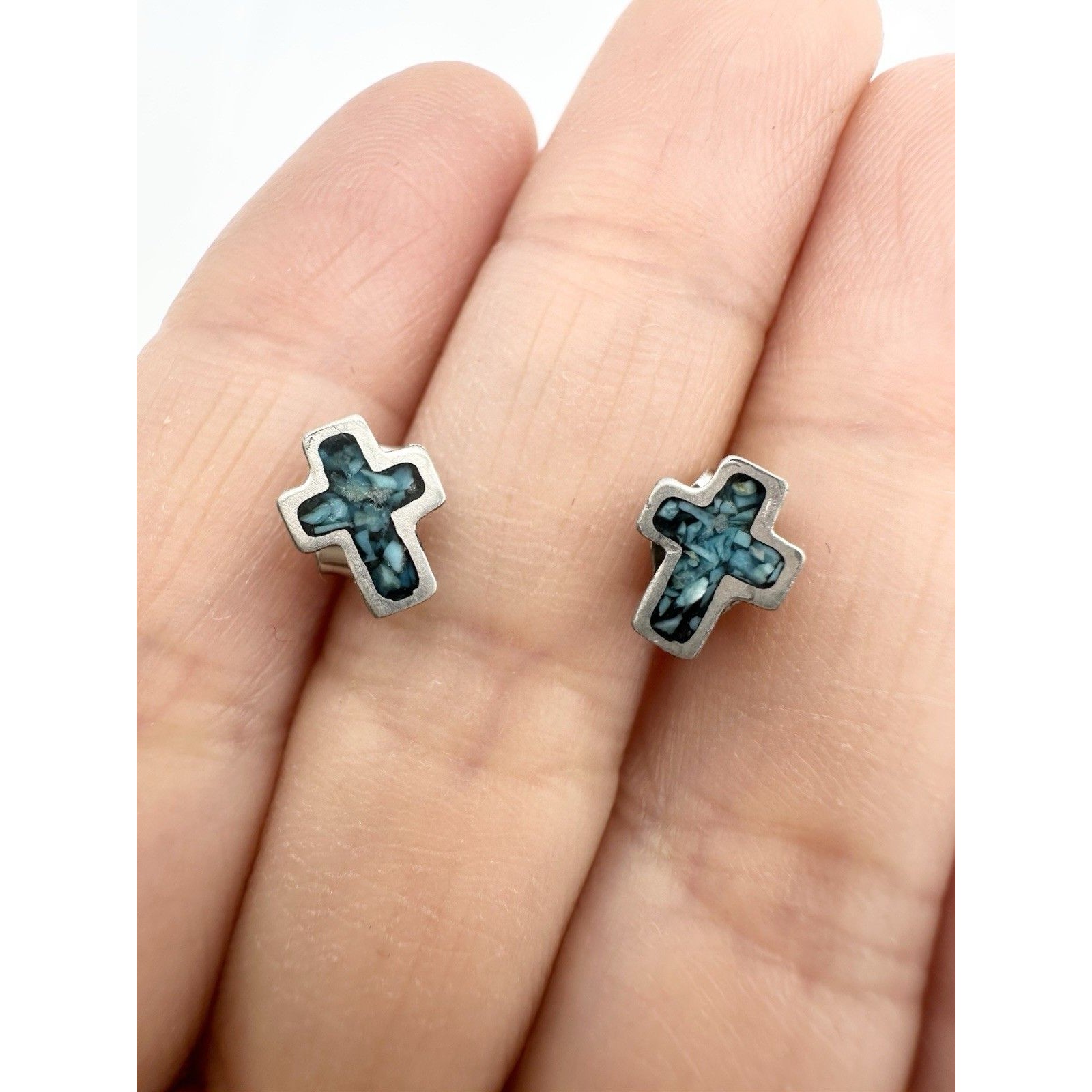 Stainless Steel Crashed Turquoise Cross Stud Earrings